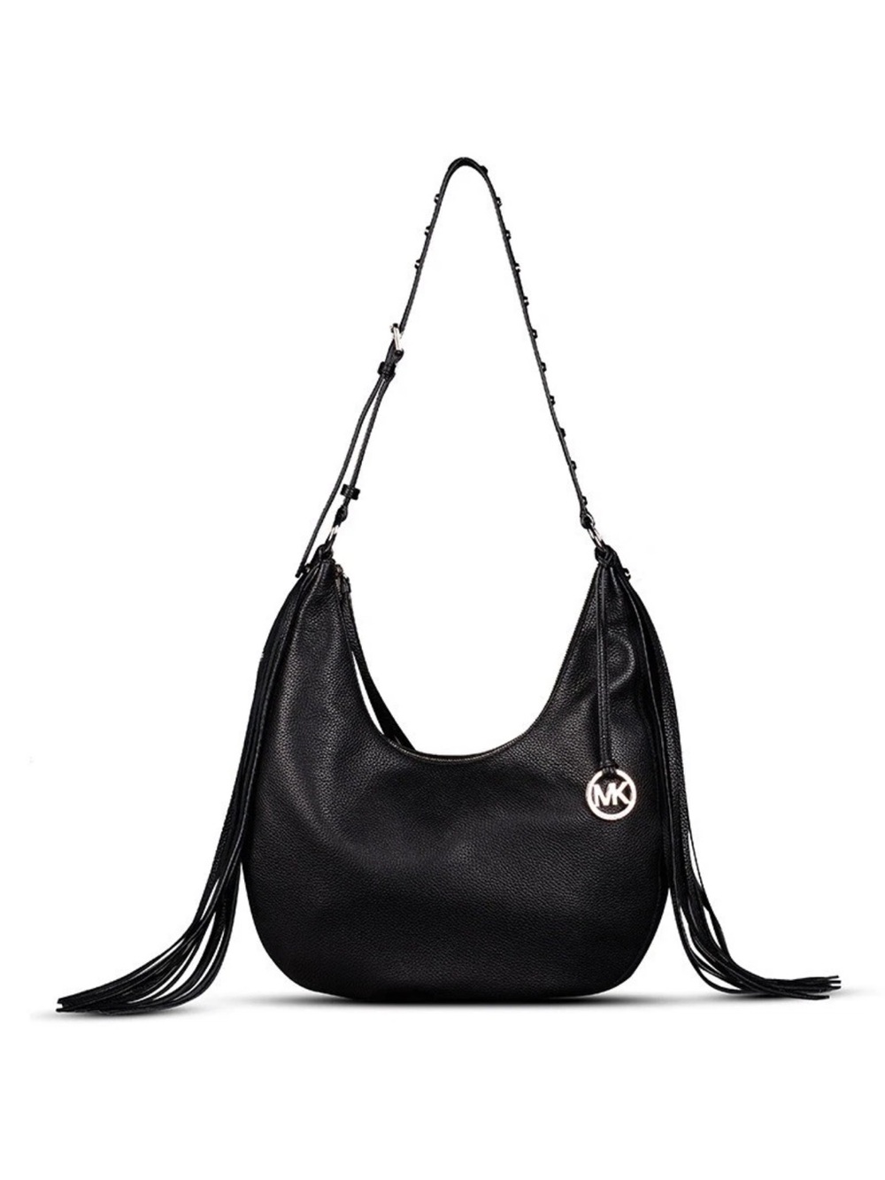 Michael Kors Black Pebbled Leather Hobo with Fringe and MK Charm